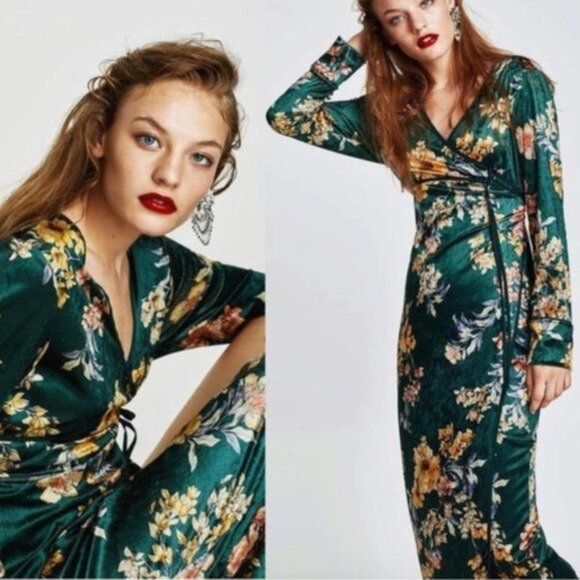 ZARA Velvet‎ Floral Kimono Wrap Dress Women Size Medium - Picture 6 of 11